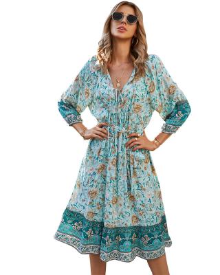 China Wholesale Breathable V Neck Dress Bohemian Women Printed Long Sleeve Floral Summer Maxi Dress for sale