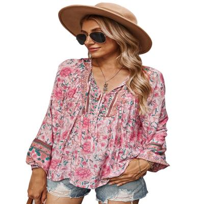 China Breathable New Lace Women's Long Sleeve Autumn Bohemian Blouses Shirts Print Rayon Blouse Vintage Clothing BOHO Tops for sale