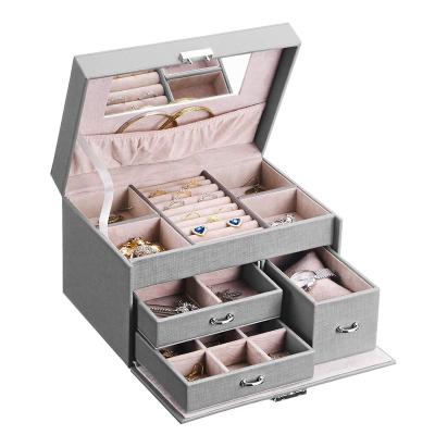 China Factory Large Capacity Handmade Cosmetic Jewelry Box Multilayer PU Leather Jewelry Box with Mirror and Lock for sale