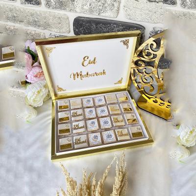 China Handmade Luxury Gold Ramadan Mubarak Chocolate Gift Box For Baby Shower Chocolates With Blister Tray For Muslims for sale