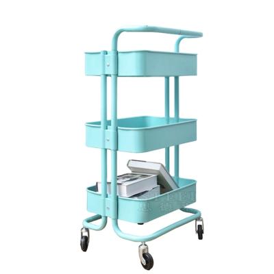 China Environmental Protection Metal Kitchen Serving Trolley 3-Tier Durable Powder Coated Rolling Colorful Multi-Functional Dismountable Trolley for sale