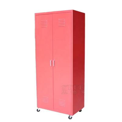 China Knocked Down Red Closet Wardrobe Movable Clothes Storage Organizer With Metal Shelves And Wheels for sale