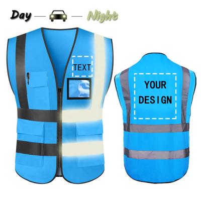 China Custom High Security Multi Pockets Work Visibility Vest Blue Reflective Safety Vest for sale