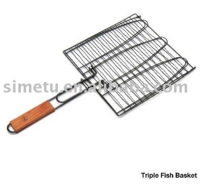 China Non-Stick Triple Metal Charcoal Mate Fish Grilling Basket Outdoor Camping Accessories for sale