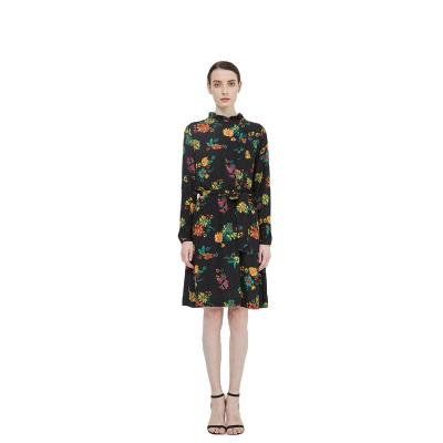 China High Quality Anti-Static Flora Print Squishy Asymmetrical Self Belt Placket Neck Ruffled Invisible Midi Woven Dresses for sale