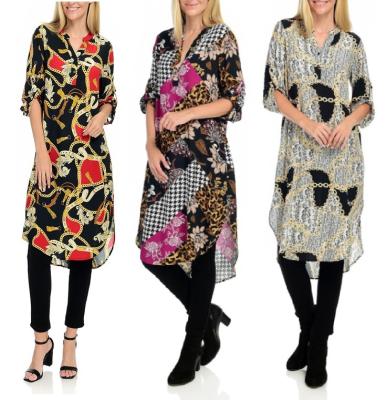 China Anti-pilling Hi-Lo Notch Neck 3/4 Roll Tab Sleeve Shirt Printed Woven Tail Tunic for sale