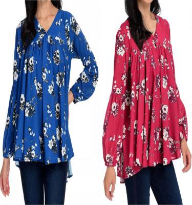 China Women's Anti-Pilling Print Hi-Lo Long V-Neck Lantern Sleeve Woven Pleat Detail Top for sale