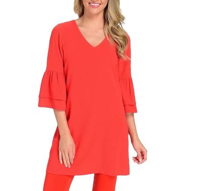 China Bell Tiered Sleeve Ruffle Anti-Pilling Zipper V-Neck Back Tunic for sale