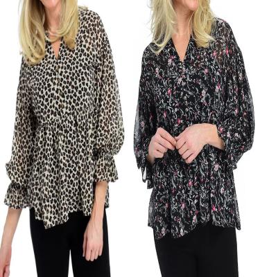 China Anti-pilling Woven Chiffon Printed Sleeve Cinched Waist Woven Gathered V-Neck Top for sale