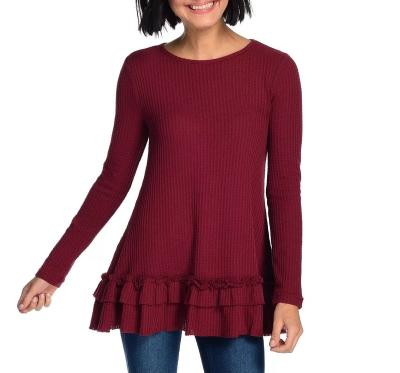 China Anti-wrinkle Waffle Knit Long Sleeve Scoop Neck Double Ruffle Edge Top for sale