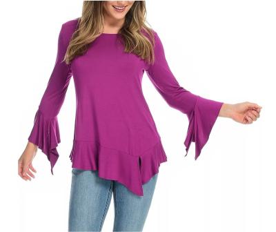 China Anti-wrinkle Jersey Knit 3/4 Sleeve Asymmetrical Ruffle Edge Top for sale