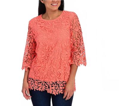 China Anti-Wrinkle Ladies 3/4 Sleeve Scoop Neck Zipper Back Lace Top for sale