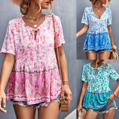 China Viable Hot Seller Ladies Bohemian V-Neckline Tie Setting Flower Print Top for sale