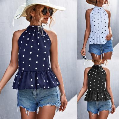 China Viable Hot Sale Women Polka Dot Print Neck Long Tie Front Short Back Tank Top for sale