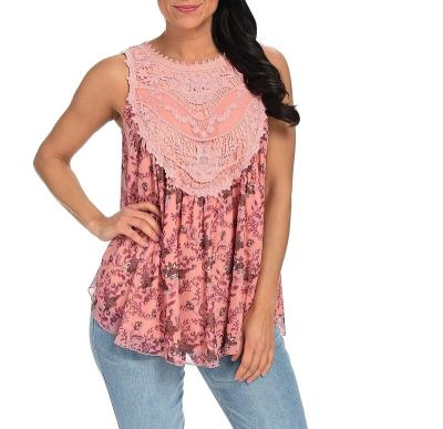 China Anti-pilling Ladies Crochet Lace and Mesh Printed Top Partially Lined Babydoll Tank for sale