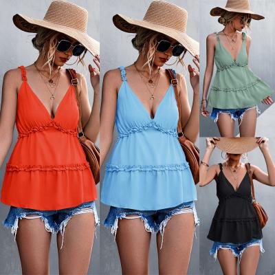 China Women Viable Hot Sale Sexy V-Neck Halter Top With Ruffles Tank Top for sale