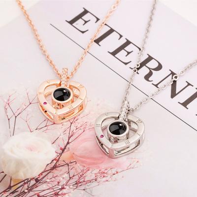 China Dropshipping Romantic Love Necklace 925 Sterling Silver Engraving I Love You In A Hundred 100 Languages ​​Projection Heart Necklaces for sale