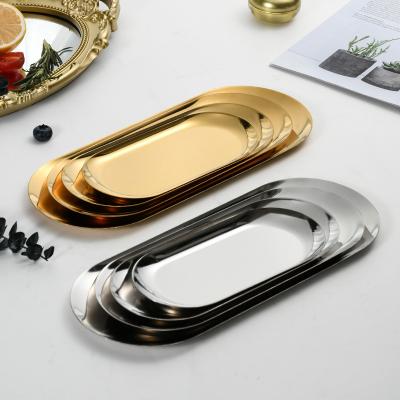 China Metal Viable Oval Organizer Trays Cosmetics Jewelry Fruit Storage Towel Gold Cookie Rolling Stainless Steel Decorative Tray for sale