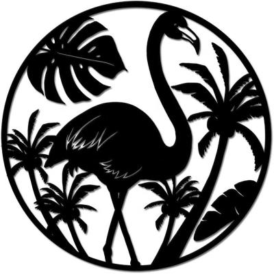 China Handcrafted Modern Wall Plaque Tropical Theme Flamingo Palm Trees Wall Art Decor Metal Artwork for Home Indoor Outdoor Decorations for sale