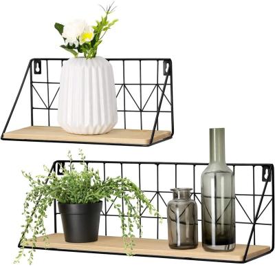 China Boho Modern Shelf Decor Large Capacity Shelves Room Wall Storage Floating Wooden Organizer With Black Metal Wire Display Shelving For Bathroom for sale