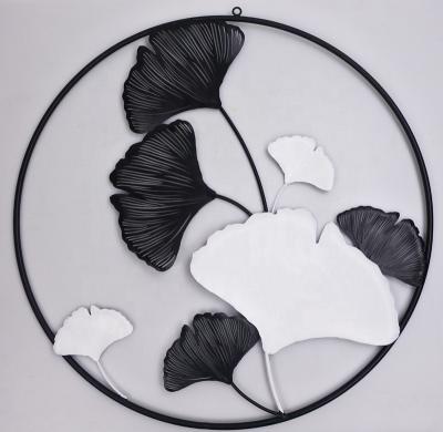 China Decors Metal Wall Home Decor with Round Frame, Metal Leaf Wall Art Decor Framed Ginkgo Leaves Sculpture Illustration for sale