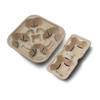 China Wholesale 2 Modern 4 Compartments Biodegradable Disposable Sugarcane Pulp Carrier Tray Coffee Cup Holder for sale