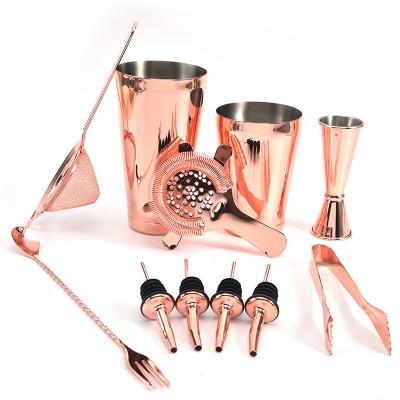 China Viable Bartender Kit Barware Tools 11 Pieces Rose Stainless Steel Cocktail Shaker Set Gold Steel Bar Accessories 11pcs for sale