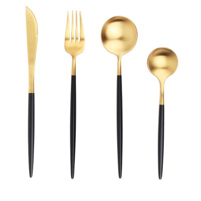 China Sustainable Luxurious Eco-Friendly Black Gold Flatware With Gift Box 304 18/10 Stainless Steel Matte Gold Flatware for sale