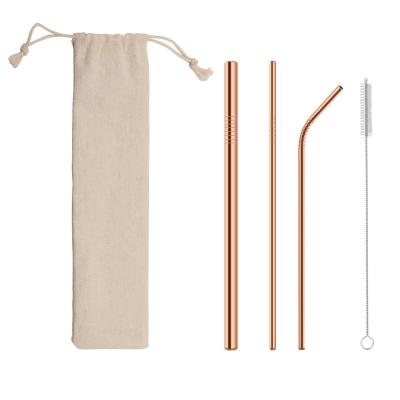 China Viable Copper Drinking Straws Set With Bag Customized Logo 304 Rose Gold Stainless Steel Straw for sale