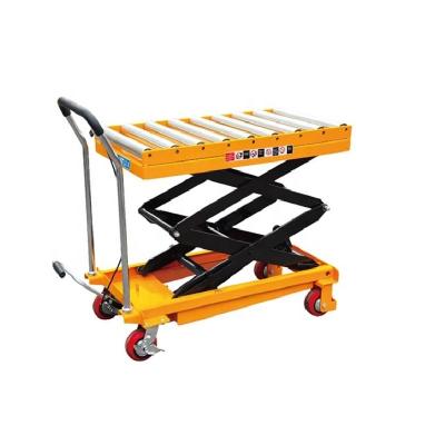 China Hotels Mobile Hydraulic Manual Scissor Lift Platform With Roller Top Lift Table for sale