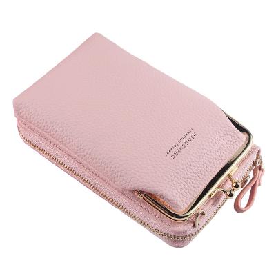 China Multi-functional Cute PU Girls Leather Wallet Double Layer Card Holder Solid Color Shoulder Bag Waterproof Mobile Phone Bag Long for sale