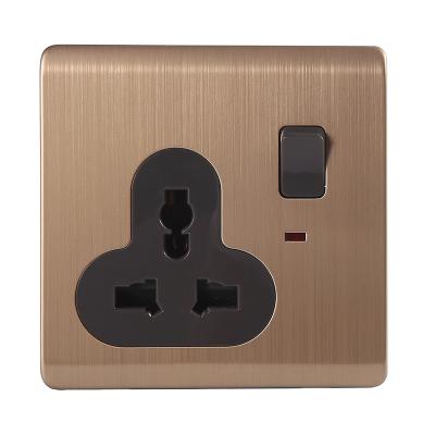 China INTERIOR MINISTRY HOTEL 13A Universal 1 Strip Switch Socket With Neon Light Switch Brushed Wall Switch Socket 86*86mm Stainless Gold Electrical Factory for sale