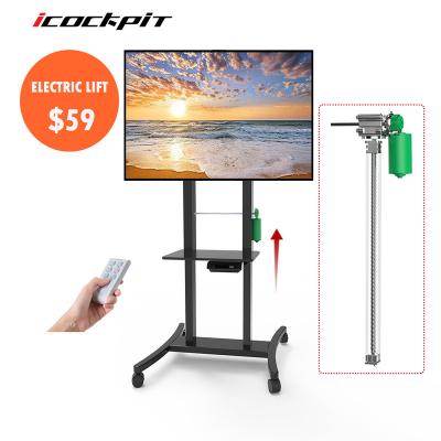 China Icockpit Adjustable Mobile Motorized TV Lift Floor Stands TV Rolling Carts With Wheels Shelves Double TV Display And Laptop for sale