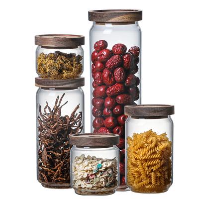 China Custom Kitchen Acacia Borosilicate Freshness Preservation Logo Boxes Round High Glass Lid Storage Bottles And Jars Set for sale