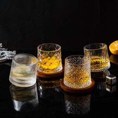 China Wholesale Bulk New Arrival Design Luxury Embossed Relief Decompression Etched Crystal Whiskey Glass Cup Whiskey Glass Sets With Wooden Base for sale