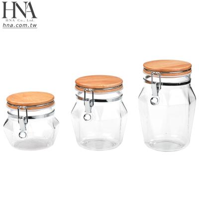 China Freshness Preservation HNA Taiwan Made Durable Airtight Acrylic Jar With Wooden Clamp Locking Closure for sale