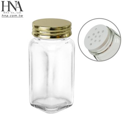 China Viable HNA Taiwan Made Gold Glass Spice Jars 4 Ounce Empty Bottle With Shaker Lids Caps for sale