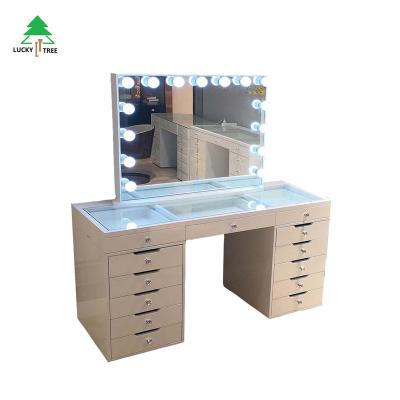 China (Size) MDF Whiteden 13 Drawer Dresser Makeup Vanity Adjustable Wood Glass Table With LED for sale