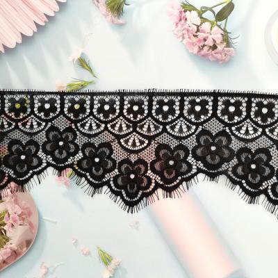 China Hot Selling Elasticity Black French Nylon Eyelash Stretch Lace Trim Lingerie Flower Eyelash Lace Trim for sale