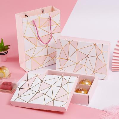 China 6 Pieces 80G Pink Mooncake Box Recyclable Luxury Hot Stamping Egg Yolk Pastry Box Chocolate Cookie Paper Boxes for sale