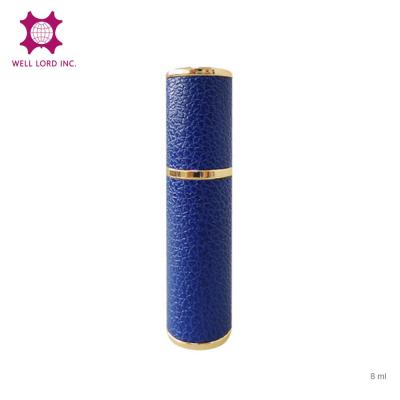 China Personal Care Logo Engrave Blue Leather Wrapped Purse 8ml Atomizer Make And Design Your Own Perfume Bottle for sale