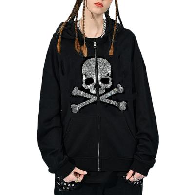 China Fashion Hot Sales Faux Stone Skull Zipper Sweater Long Sleeve Hooded Loose Warm Viable Hoodie for sale