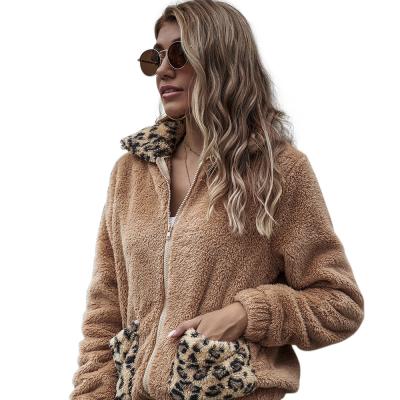 China 2021 viable new autumn and winter European and American women's lambskin cashmere jacket women's leopard pattern zipper splicing jacket for sale