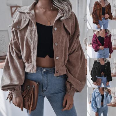 China QUICK DRY Button Casual Corduroy Jacket Women Puff Casual Loose European Short Sleeve Corduroy Ladies Jackets For Women 2021 for sale