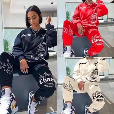 China Sustainable Fashion Round Neck Printed Suit Women Winter Fitness Cloth Warm Sportswear Set For Women for sale