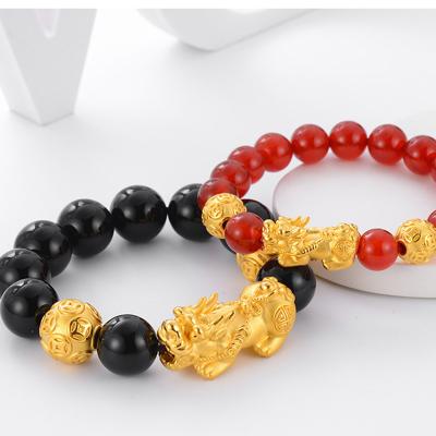 China Factory sale CLASSIC 24K hard gold 3G black agate bracelet pi xiu hand string beaded bracelets for sale