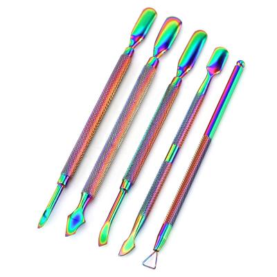 China Colorful Finger Cuticle Pusher Stainless Steel Double Dead Skin Push Remover For Nail Art Cleaner Care Tool Pedicure Manicure for sale