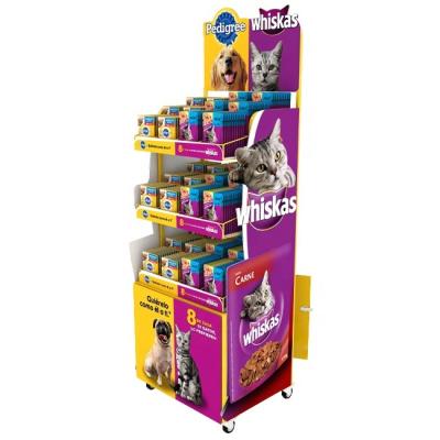 China Pet Products Stand Customer Metal Wire Pet Shop Products Display Rack Cat Dog Food Wire Display Rack With Wheels for sale