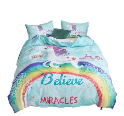 China Nondisposable WISH Textile Microfiber Girls 100% Home Unicorn Printing Design Cartoon Duvet Blanket Set Comforter Cover Bedding Set for sale