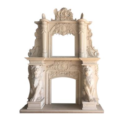 China Contemporary Modern Antique Indoor Luxury Large Cast Stone Lion Statue Decoration Surround White Marble Fireplace Mantel for sale